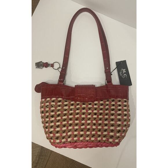 "M.C. Marc Chantal Red Straw & Leather Shoulder Bag Silver Tone Hardware NWT - Picture 5 of 16